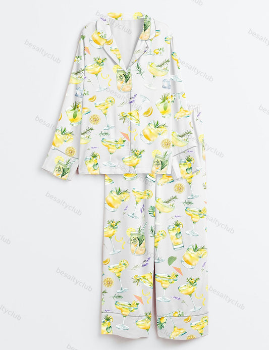Lemon Drop Martini Limoncello Cocktail Mocktail Alcohol Wedding Clipart Margarita Bar Long Sleeve Satin Pajama Set