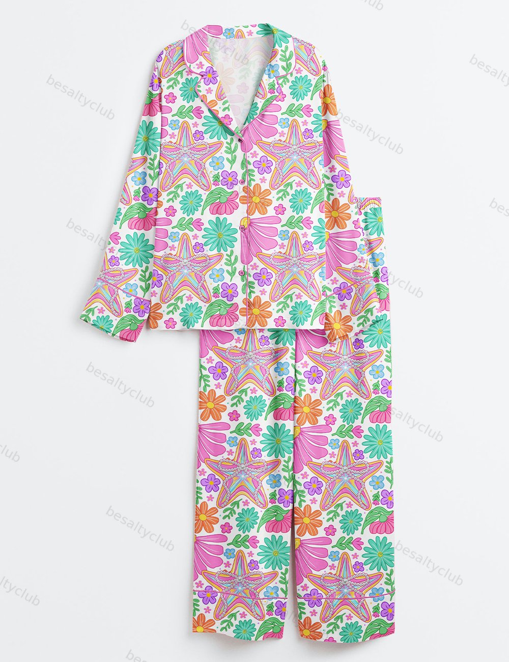 Retro Floral Summer Preppy Starfish Ocean Summer Vibes Girly Summer Beach Print Long Sleeve Satin Pajama Set