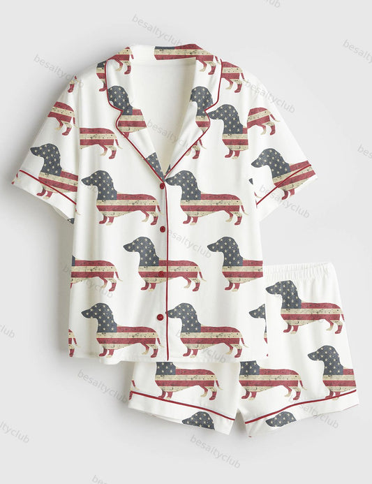 American Flag Dachshund Short Sleeve Satin Pajama Set
