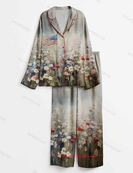 Patriotic American Flag 4th of July Flower Art Print Long Sleeve Satin Pajama Set
