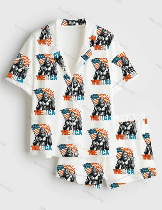 Bigfoot Merica 4th Of July Rock American Flag Patriotic Independence Day Short Sleeve Satin Pajama Set