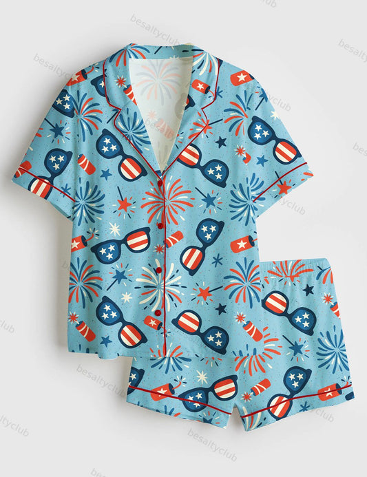 Patriotic Fireworks And Sunglasses 4th Of July Short Sleeve Satin Pajama Set
