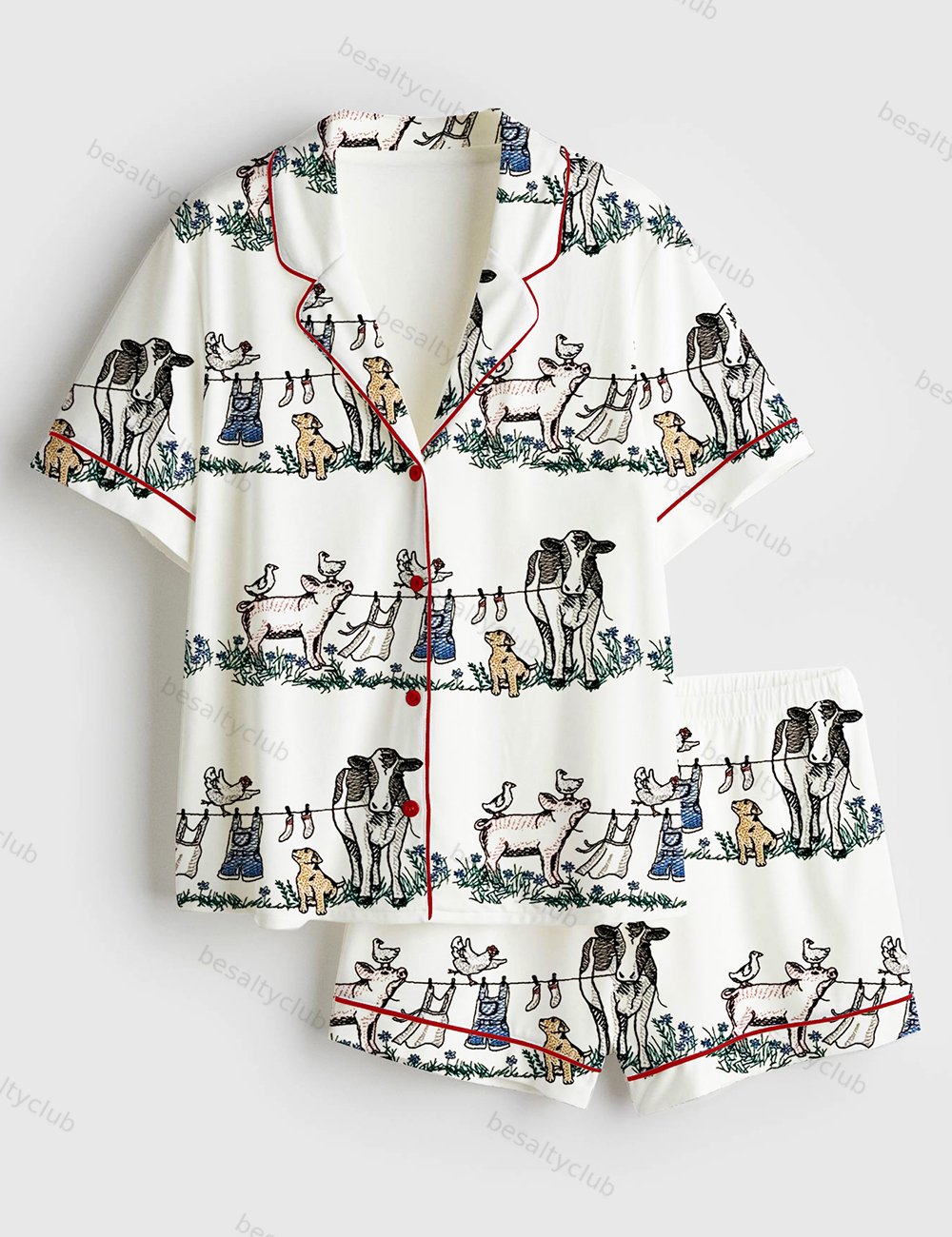 Barnyard Animals Pig Cow Dog Short Sleeve Satin Pajama Set