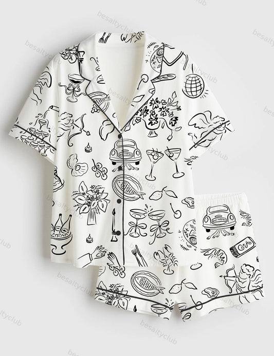 Whimsical Wedding Doodles For Wedding Print Short Sleeve Satin Pajama Set