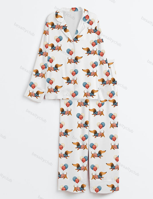 4th Of July Pet Dog Lovers Watercolor America Flag Dachshund Dog Print Long Sleeve Satin Pajama Set