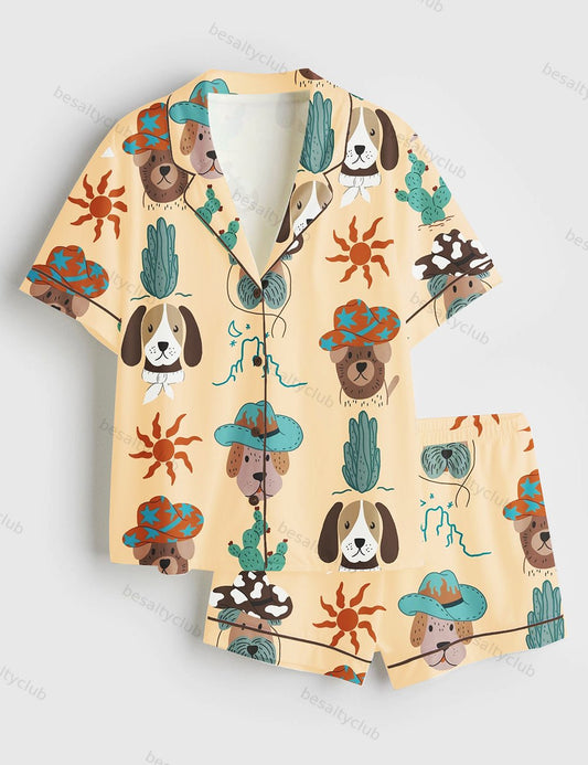Cowboys Dogs Western Style Short Sleeve Satin Pajama Set