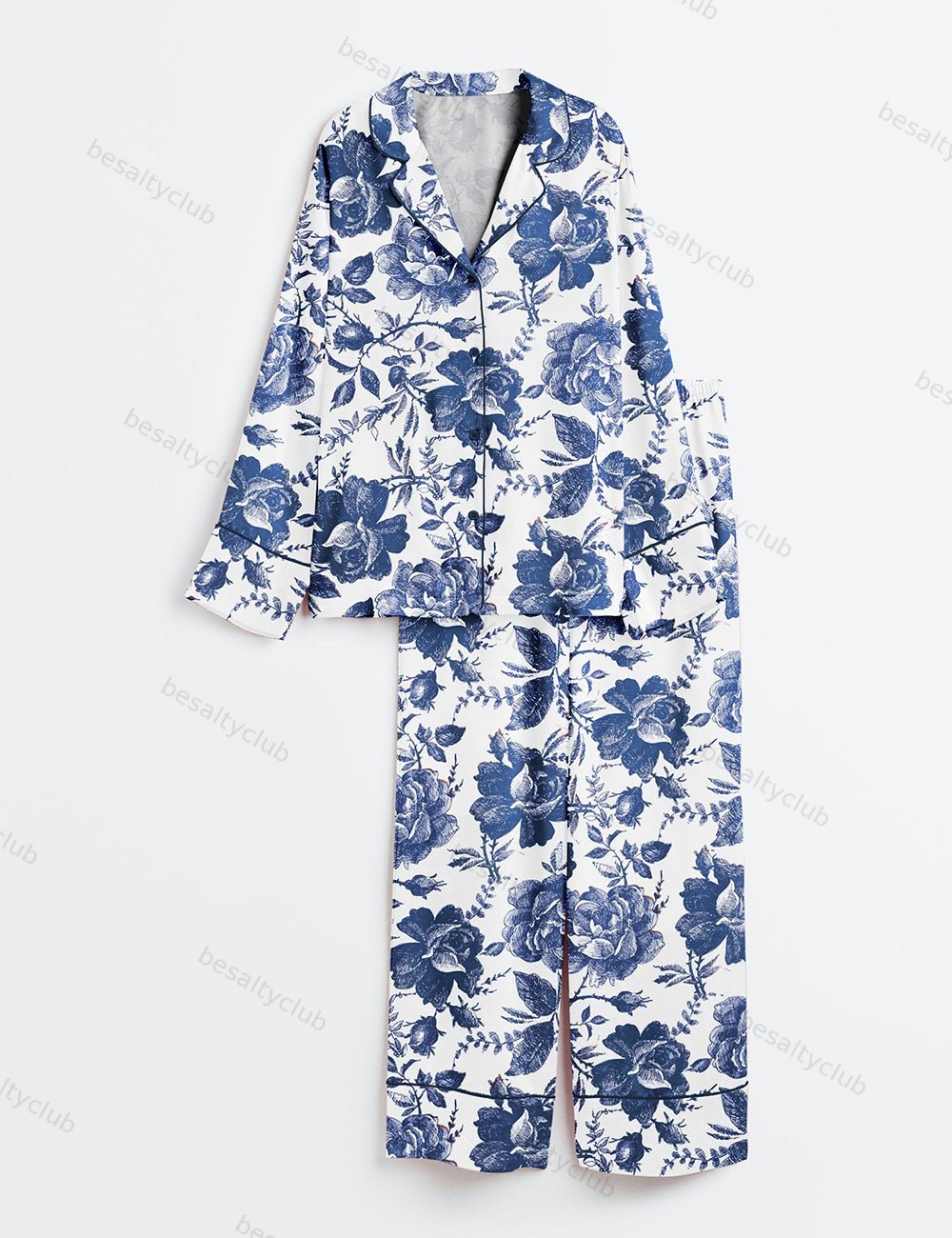 Rose To Fame Blue & White Rose Floral Long Sleeve Satin Pajama Set