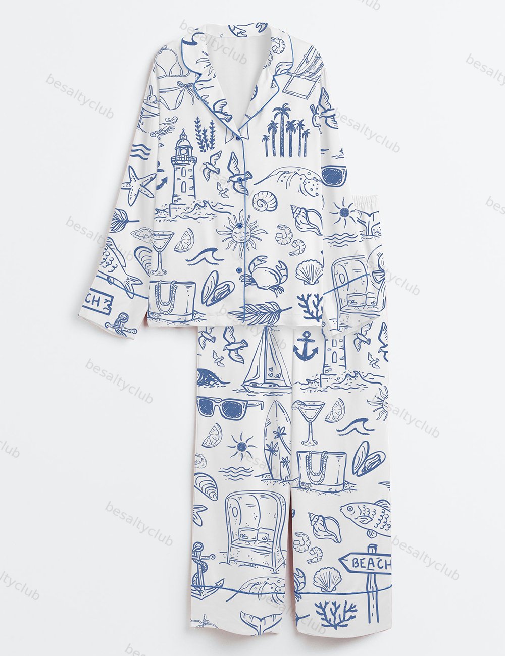 Coastal Whimsical Style Summer Beach Long Sleeve Satin Pajama Set