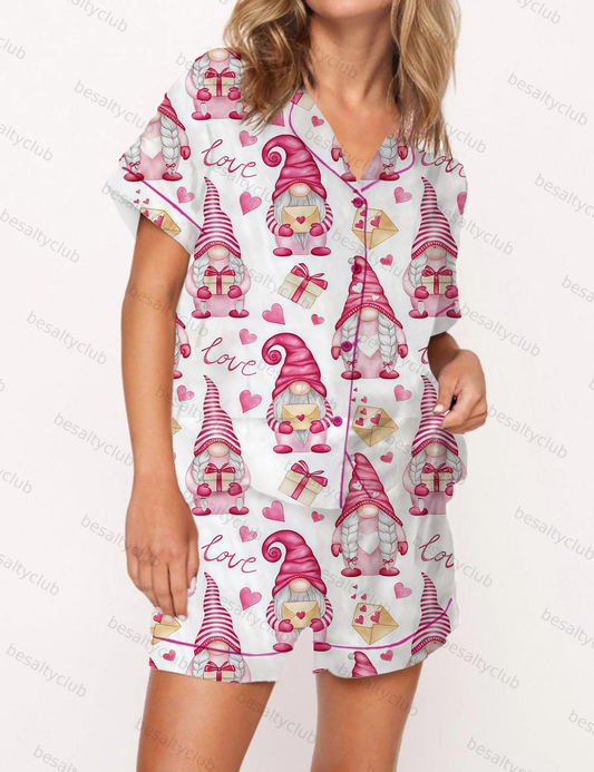 Valentine's Gnome Print Satin Pajama Short Set