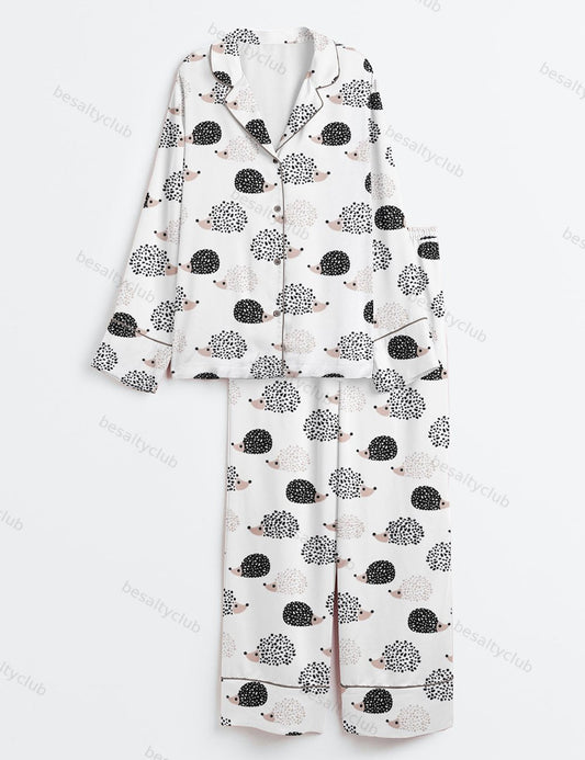 Scandinavian Sweet Hedgehog Long Sleeve Satin Pajama Set