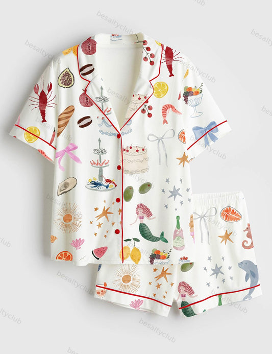 Whimsical Hand Drawn Love Wedding Short Sleeve Satin Pajama Set