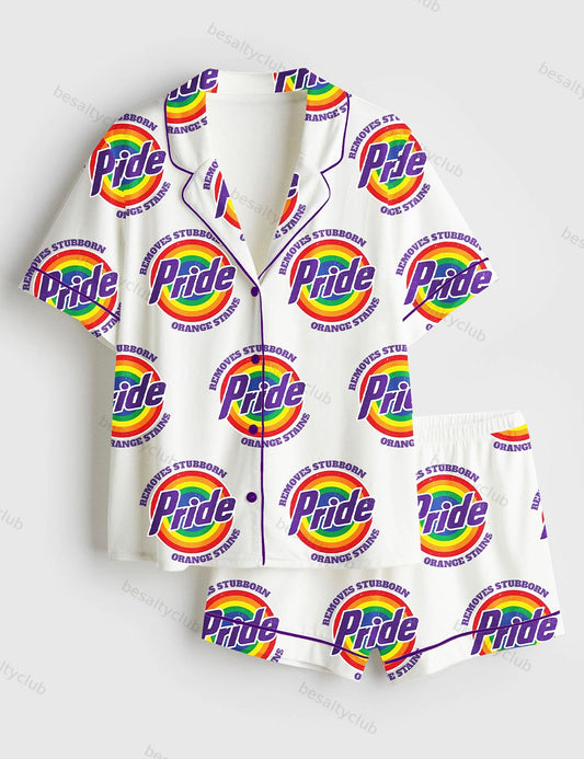 Pride Removes Stubborn Orange Stains LGBTQ Pride Month Print Short Sleeve Satin Pajama Set