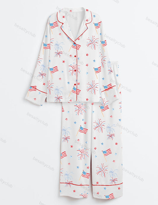 Firework 4th Of July Long Sleeve Satin Pajama Set