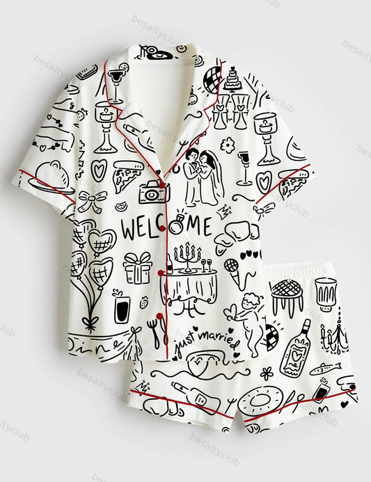 Hand Drawn Whimsical Wedding Bachelorette Print Short Sleeve Satin Pajama Set