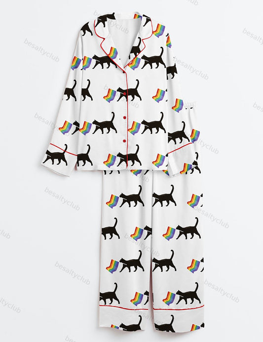 A Little Gay Cat Friend Pride Month LGBT Pride Print Long Sleeve Satin Pajama Set