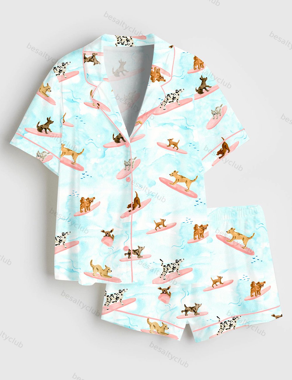 Dogs Surfing Summer Print Short Sleeve Satin Pajama Set