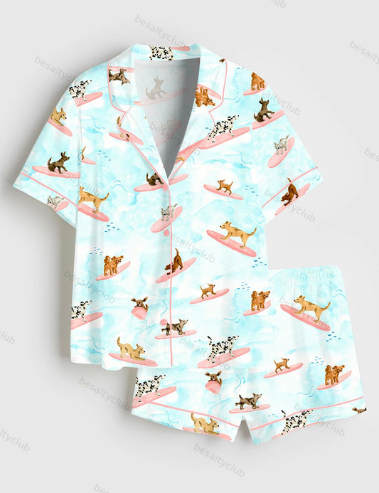 Dogs Surfing Summer Print Short Sleeve Satin Pajama Set