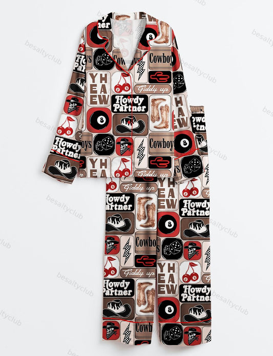 Yee Haw Howdy Partner Giddy Up Western Cowboy Collage Print Long Sleeve Satin Pajama Set