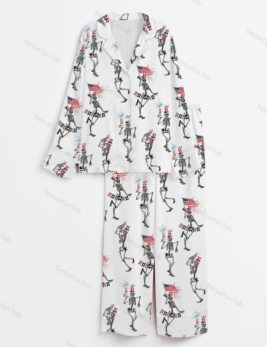 4th Of July Skellies Dancing Skeleton American Flag Stars And Stripes Red White Blue Long Sleeve Satin Pajama Set