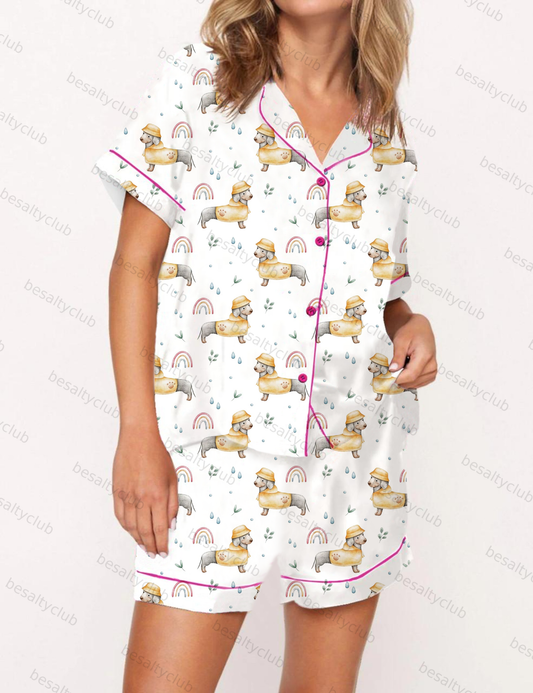 Playful Cartoon Dachshund Pattern Satin Pajama Short Set