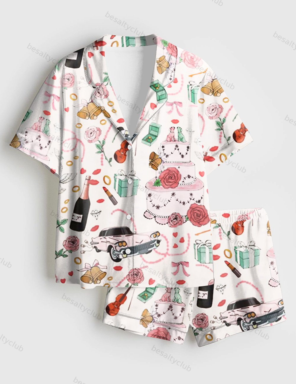 Whimsical Wedding Short Sleeve Satin Pajama Set