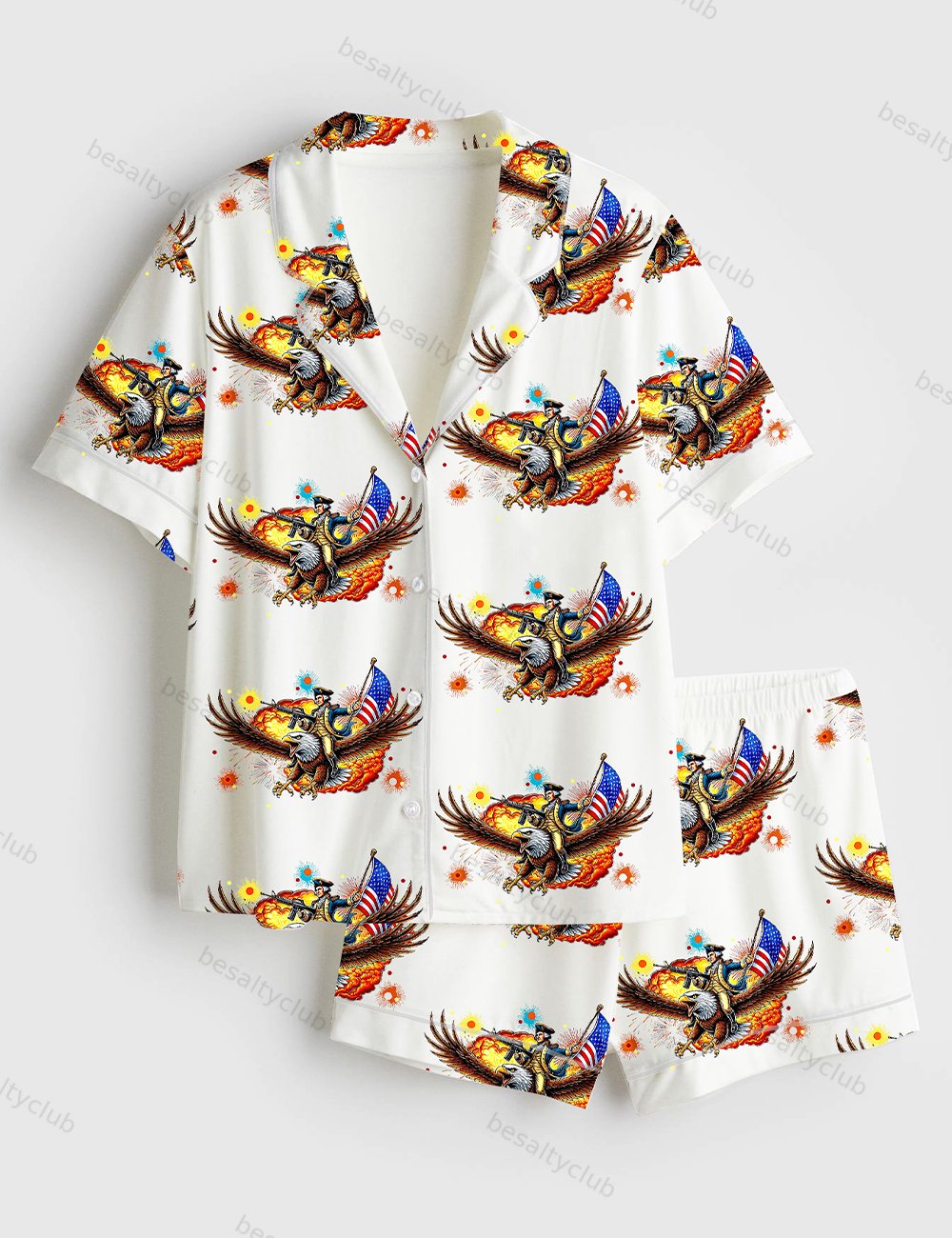 Wtf Is A Kilometer Eagle Funny 4th Of July Founding Father USA Independence Day Print Short Sleeve Satin Pajama Set