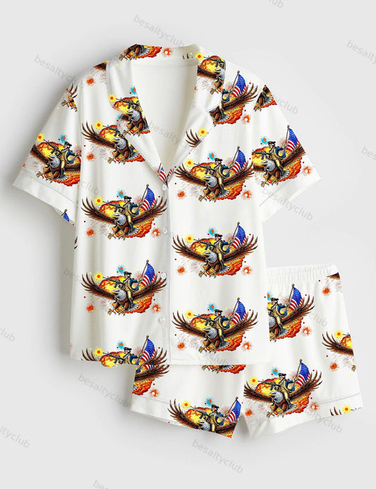 Wtf Is A Kilometer Eagle Funny 4th Of July Founding Father USA Independence Day Print Short Sleeve Satin Pajama Set