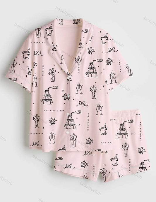 Wedding Bridal And Champagne Short Sleeve Satin Pajama Set