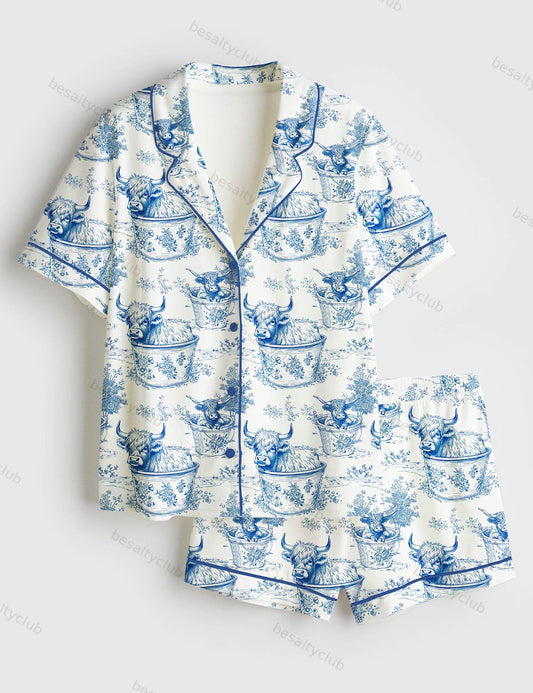 Highland Cows In Buckets Short Sleeve Satin Pajama Set