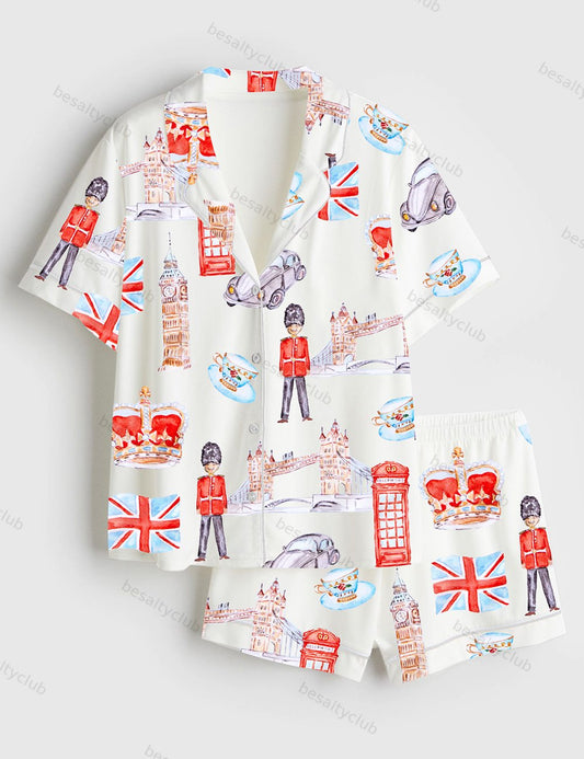 London Travel Watercolor England United Kingdom Landmarks England Cityscape Print Short Sleeve Satin Pajama Set