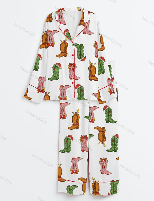 Western Grinch Cowboy Boots Christmas Long Sleeve Satin Pajama Set