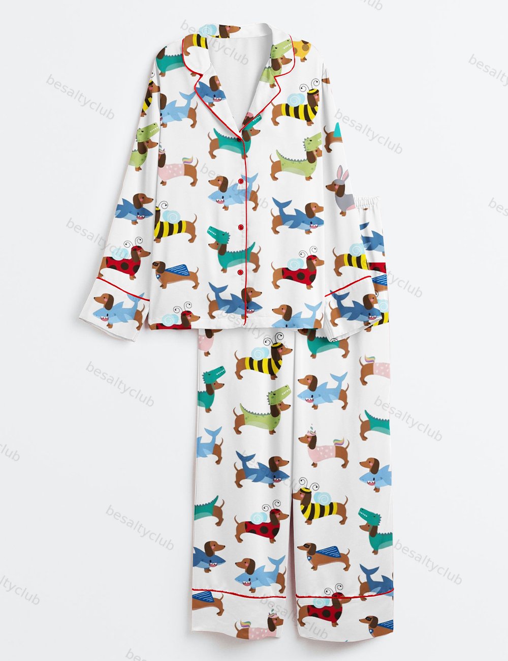 Dachshund Dogs Wear Various Skins Long Sleeve Satin Pajama Set
