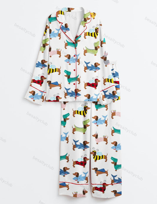 Dachshund Dogs Wear Various Skins Long Sleeve Satin Pajama Set