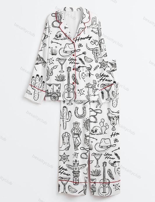 Cowgirl Whimsical Style Hand Drawn Western Bachelorette Party Long Sleeve Satin Pajama Set