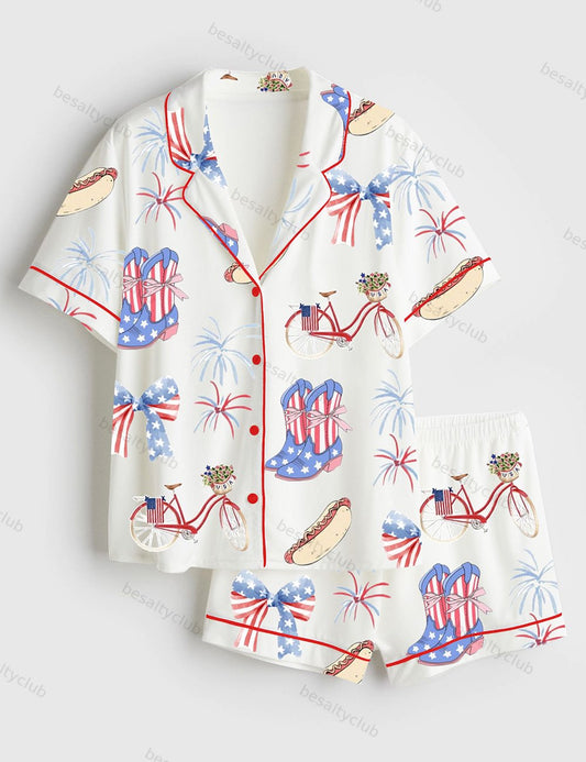 Patriotic 4th Of July Short Sleeve Satin Pajama Set