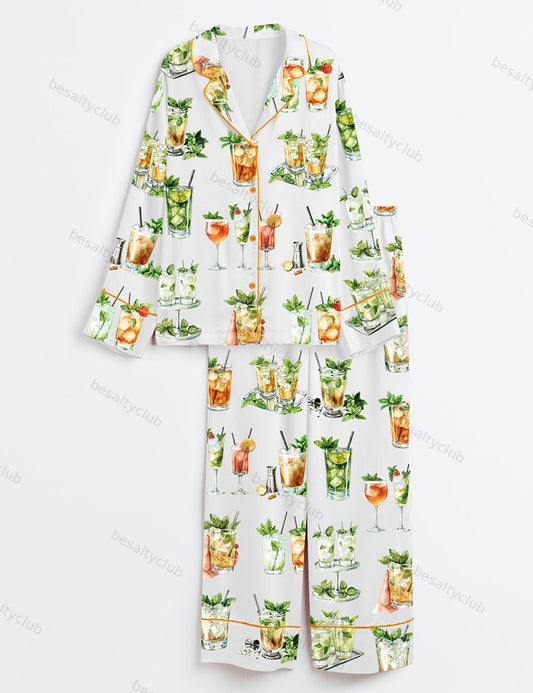 Watercolor Mint Julep Cocktail Alcoholic Mixed Drink Wedding Long Sleeve Satin Pajama Set