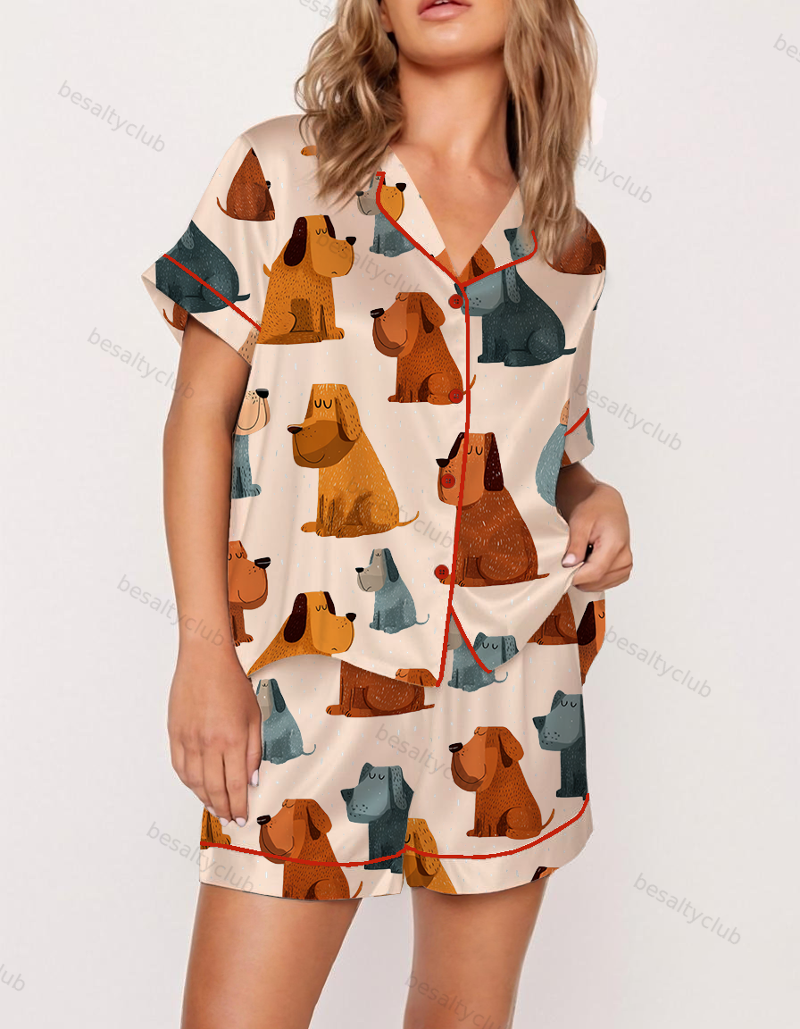 Retro Vibe Dozing Puppy Satin Pajama Set