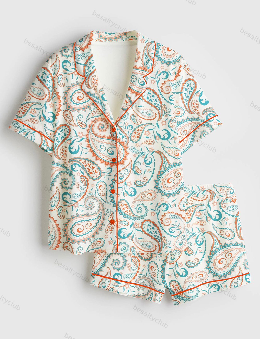 Summer Paisley Design Short Sleeve Satin Pajama Set