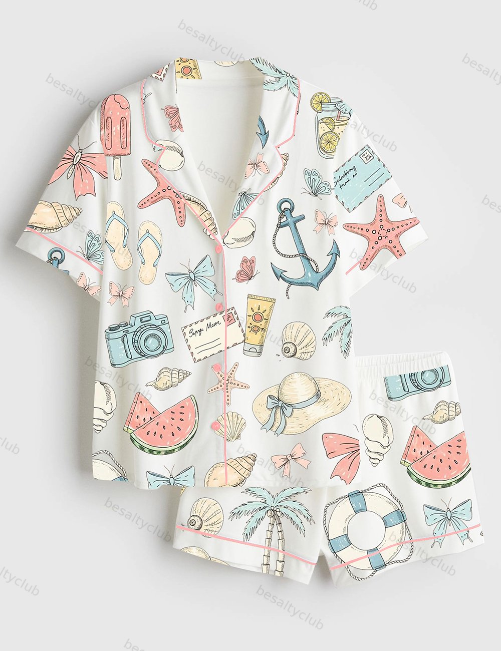 Coastal Coquette Seashell Summer Vibes Beach Print Short Sleeve Satin Pajama Set