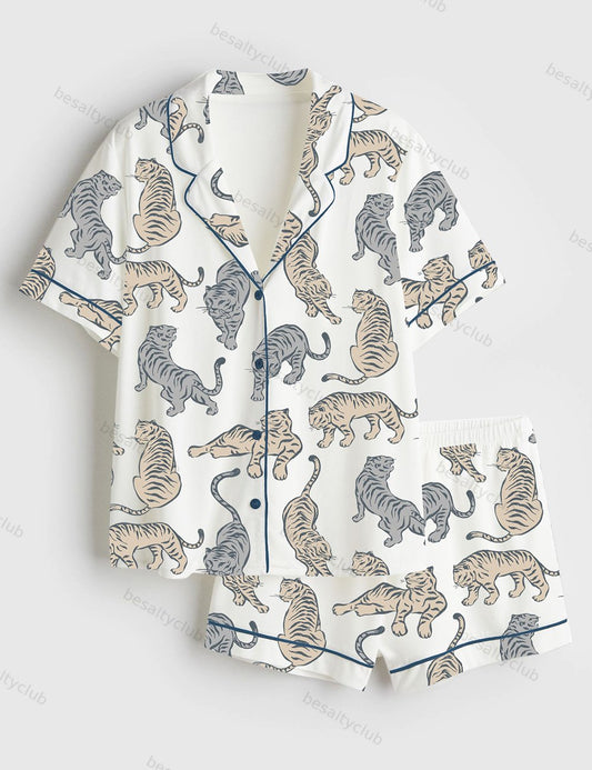 Wild Animal Tiger Short Sleeve Satin Pajama Set