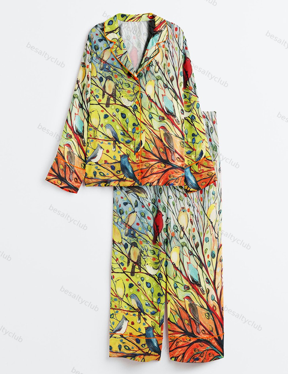 Bird On A Branch Colored Plants Painting Long Sleeve Satin Pajama Set