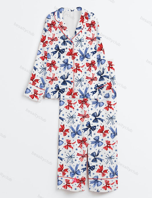 Patriotic Bows 4th Of July Red White And Blue Ribbon Long Sleeve Satin Pajama Set