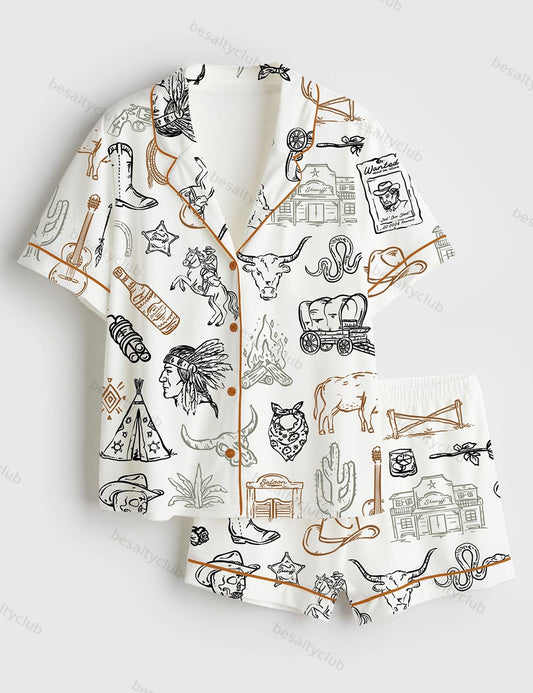 Cowboy Whimsical Wild West Western Party Short Sleeve Satin Pajama Set
