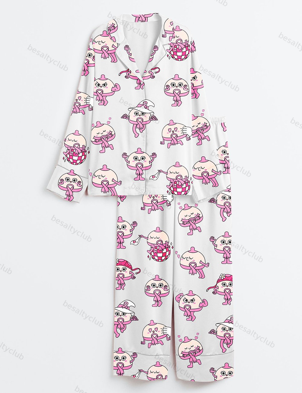 Breast Cute Cartoon Breast Cancer Awareness Pink Ribbon Pink Bow Print Long Sleeve Satin Pajama Set