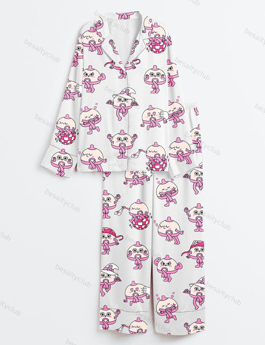 Breast Cute Cartoon Breast Cancer Awareness Pink Ribbon Pink Bow Print Long Sleeve Satin Pajama Set