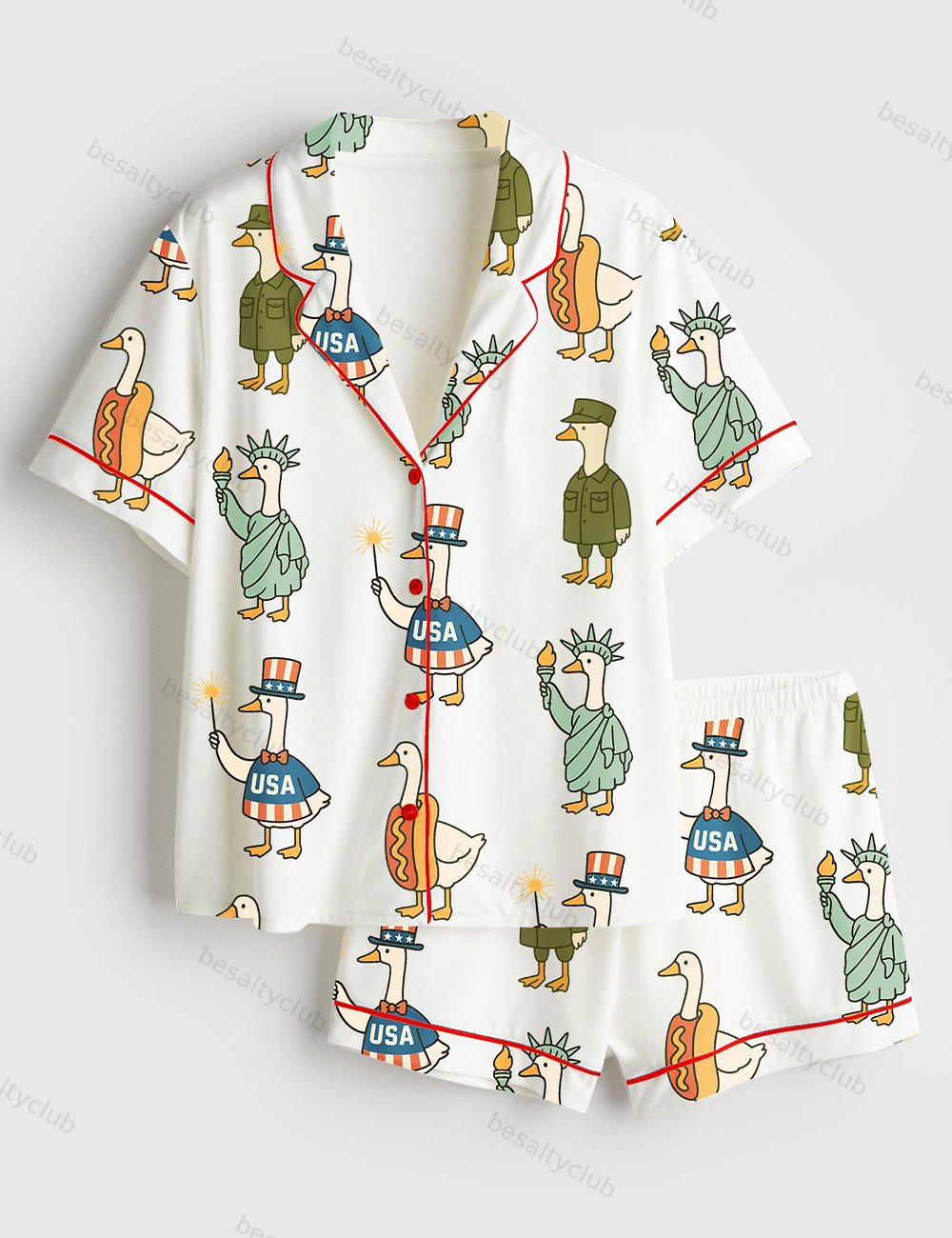 Patriotic Goose 4th Of July Silly Goose USA Independence Day Print Short Sleeve Satin Pajama Set