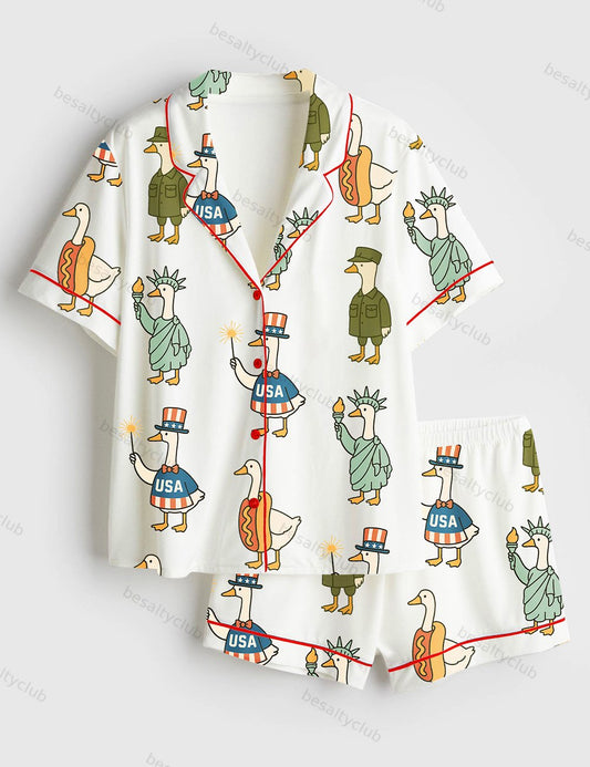 Patriotic Goose 4th Of July Silly Goose USA Independence Day Print Short Sleeve Satin Pajama Set
