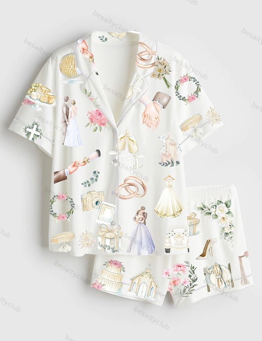 Wedding Timeline Watercolor Wedding Bride Groom Floral Elements Summer Marriage Print Short Sleeve Satin Pajama Set