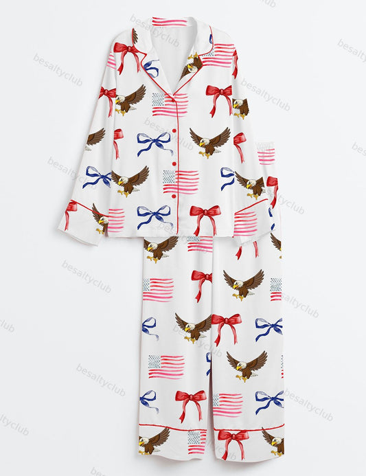 Coquette 4th Of July American Girly Eagle US Flag Red White Blue Long Sleeve Satin Pajama Set