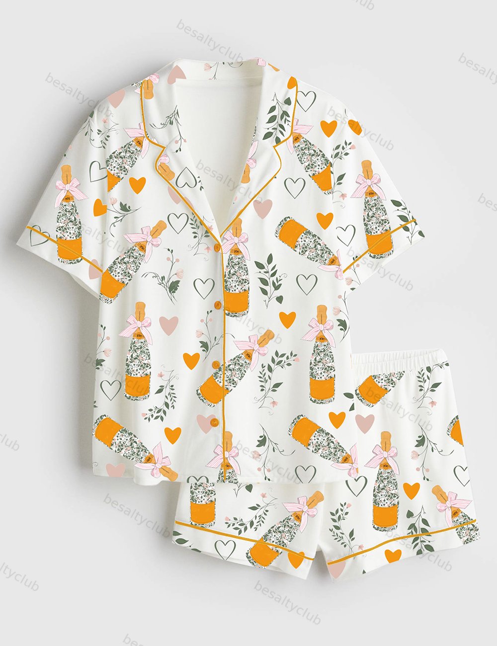 Champagne Bottle Romantic Floral Hearts Wedding Short Sleeve Satin Pajama Set